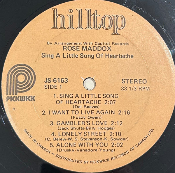 Rose Maddox : Sing A Little Song Of Heartache (LP, Album)