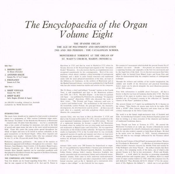 Josep Elies / Padre Antonio Soler / Joseph Freixanet / Josep Vinyals - Montserrat Torrent : The Encyclopaedia Of The Organ Volume Eight (LP, Album, Club, RE)