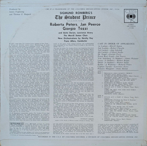 Sigmund Romberg, Roberta Peters, Jan Peerce, Giorgio Tozzi, Anita Darian, Lawrence Avery, The Merrill Staton Choir, Hershy Kay, Franz Allers : The Student Prince (LP)