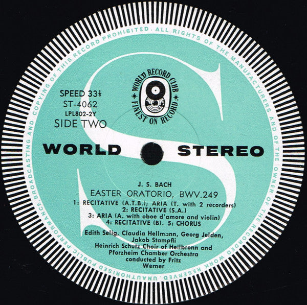 Johann Sebastian Bach - Soloists With The Heinrich-Schütz-Chor Heilbronn And Südwestdeutsches Kammerorchester Conducted By Fritz Werner : Easter Oratorio (LP, Album, Club)