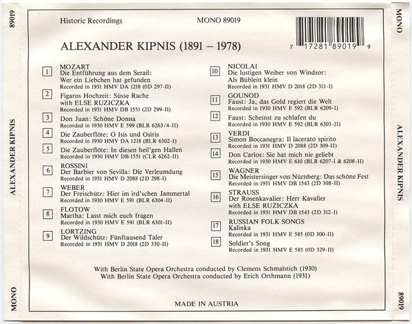 Alexander Kipnis : Lebendige Vergangenheit - Alexander Kipnis (CD, Comp, Mono)
