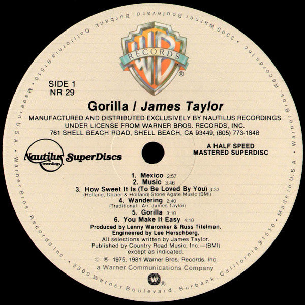 James Taylor (2) : Gorilla (LP, Album, RE, RM)