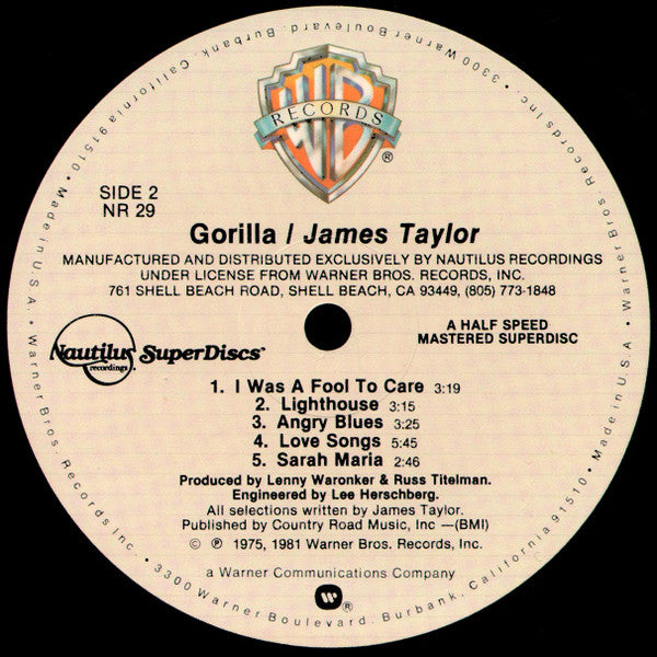 James Taylor (2) : Gorilla (LP, Album, RE, RM)