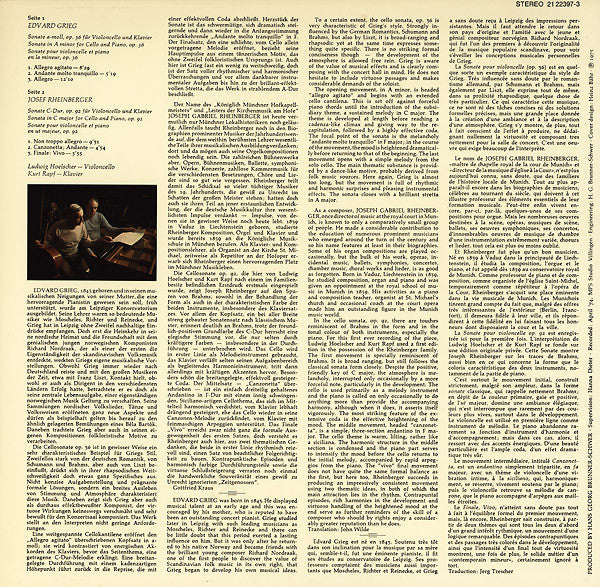 Edvard Grieg, Josef Rheinberger, Ludwig Hoelscher, Kurt Rapf : Sonaten Für Violoncello Und Klavier · Sonatas For Cello And Piano · Sonates Pour Violoncelle Et Piano (LP, Album)