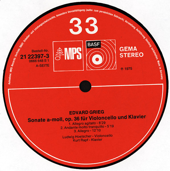 Edvard Grieg, Josef Rheinberger, Ludwig Hoelscher, Kurt Rapf : Sonaten Für Violoncello Und Klavier · Sonatas For Cello And Piano · Sonates Pour Violoncelle Et Piano (LP, Album)