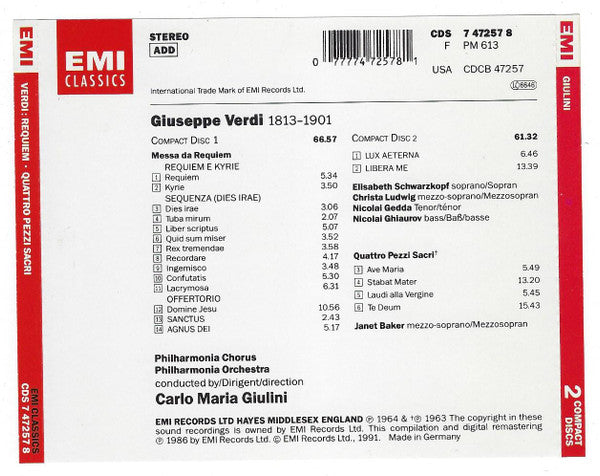Verdi*, Schwarzkopf*, Ludwig*, Gedda*, Ghiaurov*, Baker*, Giulini*, Philharmonia Chorus & Orchestra* : Requiem / Quattro Pezzi Sacri (2xCD, Comp, RM)