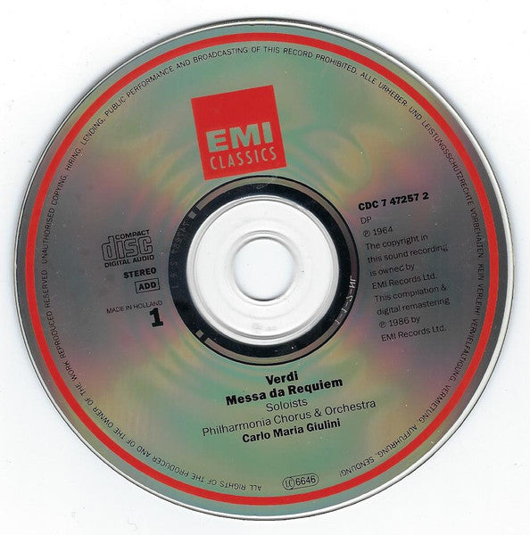 Verdi*, Schwarzkopf*, Ludwig*, Gedda*, Ghiaurov*, Baker*, Giulini*, Philharmonia Chorus & Orchestra* : Requiem / Quattro Pezzi Sacri (2xCD, Comp, RM)