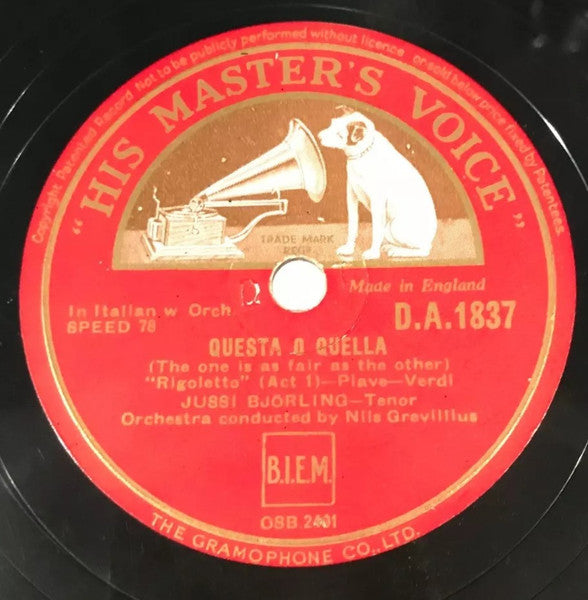 Jussi Björling : Questa O Quella / Di' Tu Se Fedele (Shellac, 10", RP, DT)