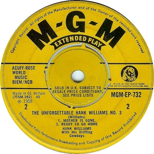 Hank Williams : The Unforgettable Hank Williams (No. 3) (7", EP, Mono)