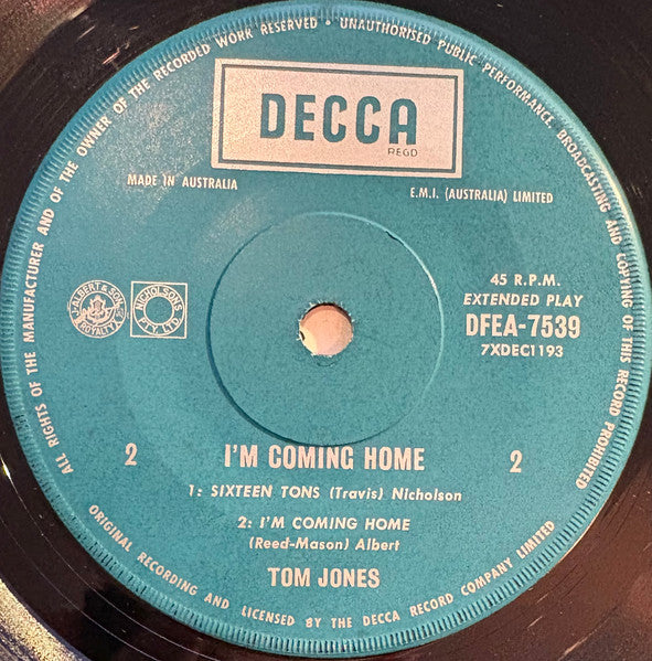 Tom Jones : I'm Coming Home (7", EP, 1st)