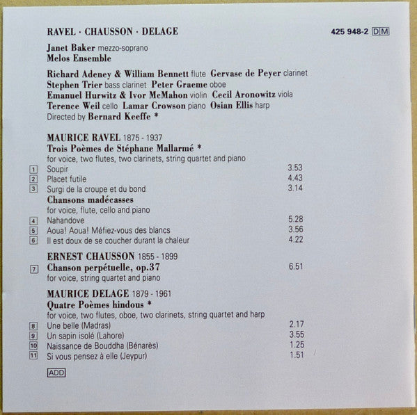 Janet Baker, Melos Ensemble Of London : Ravel . Chausson . Delage (CD, Album, RM)