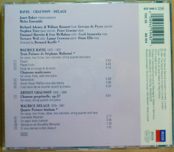 Janet Baker, Melos Ensemble Of London : Ravel . Chausson . Delage (CD, Album, RM)