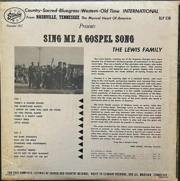 The Lewis Family : Sing Me A Gospel Song  (LP, Album, Mono)