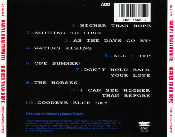 Daryl Braithwaite : Higher Than Hope (CD, Album)