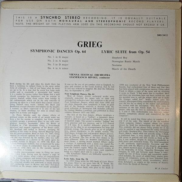 Grieg*, Vienna Festival Orchestra*, Gianfranco Rivoli : Symphonic Dances Op. 64 / Lyric Suite From Op. 54 (LP)
