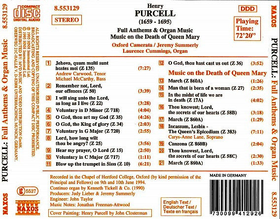 Purcell*, Oxford Camerata, Jeremy Summerly, Laurence Cummings : Full Anthems & Organ Music / Music On The Death Of Queen Mary (CD, Album)