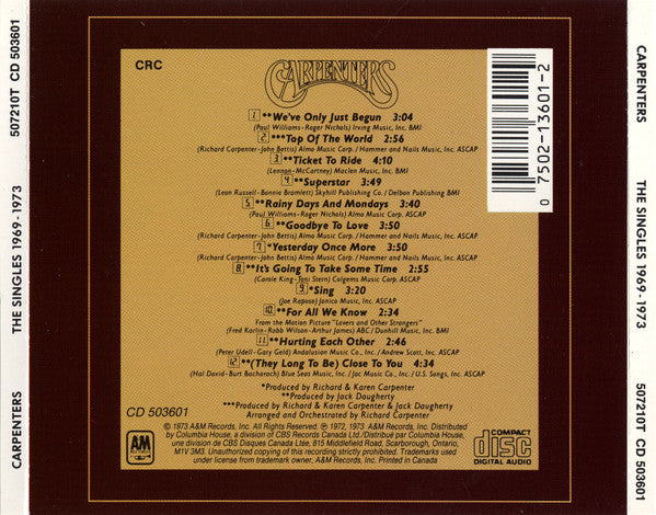 Carpenters : The Singles 1969-1973 (CD, Album, Comp, Club, RE, RP, Cin)