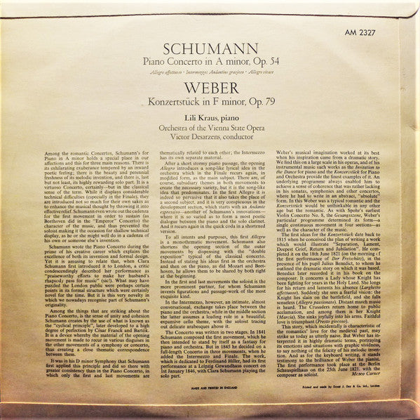 Schumann* / Weber*, Lili Kraus, Orchestra Of The Vienna State Opera*, Victor Desarzens : Piano Concerto In A Minor / Konzerstuck In F Minor (LP, Mono)