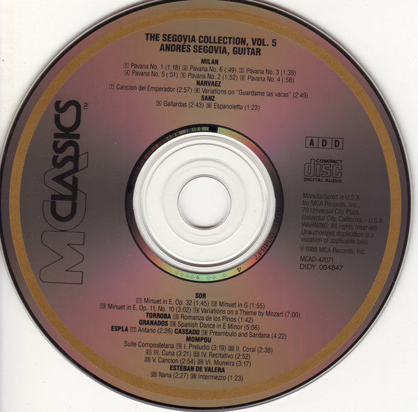Andrés Segovia - Milan*, Narvaez*, Sanz*, Sor*, Torroba*, Granados*, Mompou* : The Segovia Collection, Vol. 5: Five Centuries Of The Spanish Guitar (CD, Comp, Club, RM)