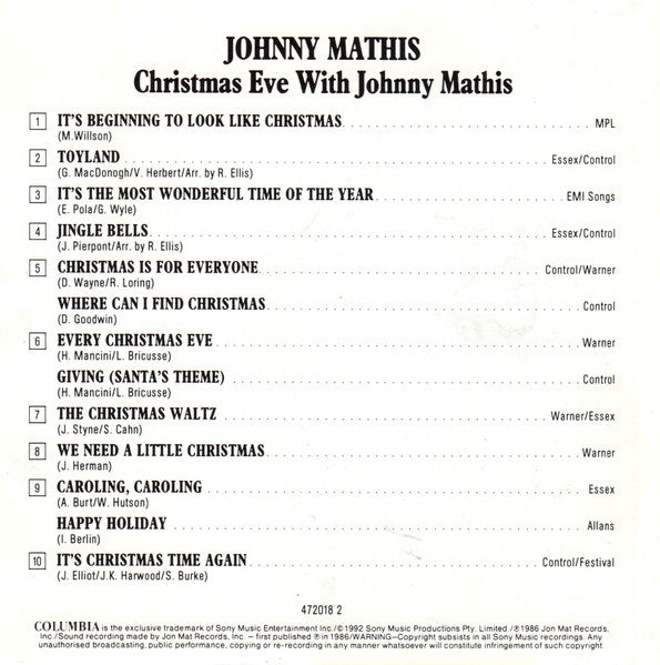 Johnny Mathis : Christmas Eve with Johnny Mathis (CD, Album, RE)