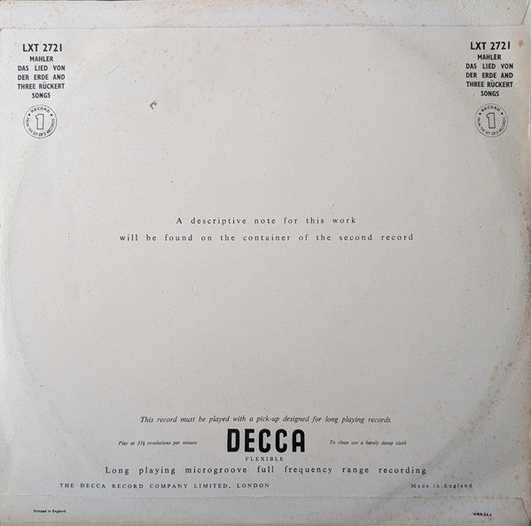 Gustav Mahler - Kathleen Ferrier, Julius Patzak, Wiener Philharmoniker Conducted By Bruno Walter : Das Lied Von Der Erde (The Song Of The Earth) (2xLP, Mono)