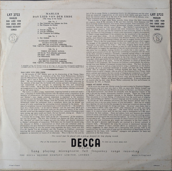 Gustav Mahler - Kathleen Ferrier, Julius Patzak, Wiener Philharmoniker Conducted By Bruno Walter : Das Lied Von Der Erde (The Song Of The Earth) (2xLP, Mono)