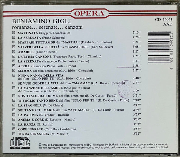 Beniamino Gigli : Romanze - Serenate - Canzoni (CD, Comp, RE)