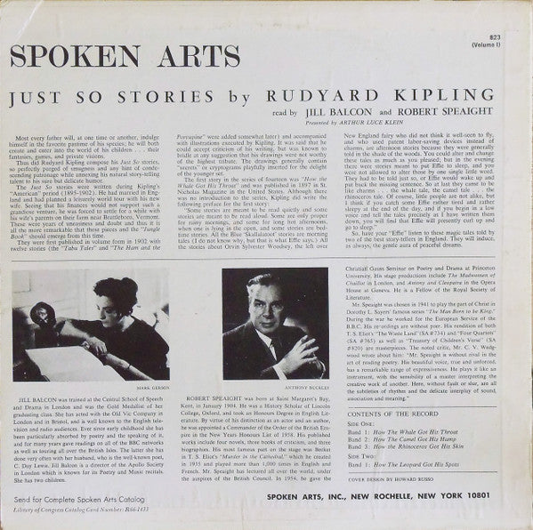 Rudyard Kipling Read By Jill Balcon and Robert Speaight : Just So Stories By Rudyard Kipling, Volume One (LP)