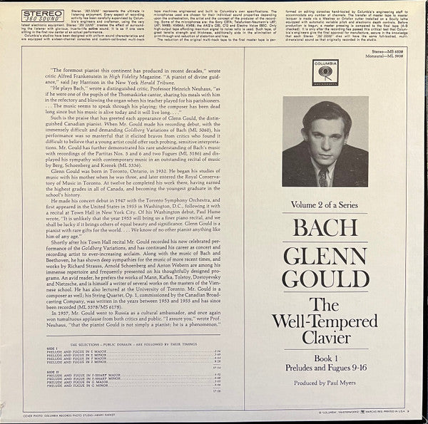 Johann Sebastian Bach - Glenn Gould : The Well-Tempered Clavier, Book I, Preludes And Fugues 9-16 (LP, Album, RP)