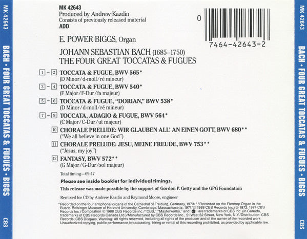 Bach* - E. Power Biggs : The Four Great Toccatas & Fugues (CD, Comp, RE)