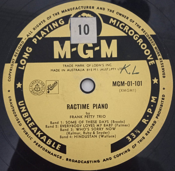 Frank Petty Trio : Ragtime Piano (10", Album)