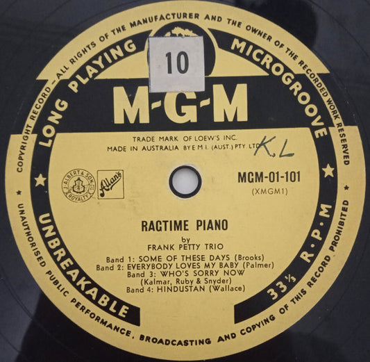 Frank Petty Trio : Ragtime Piano (10", Album)
