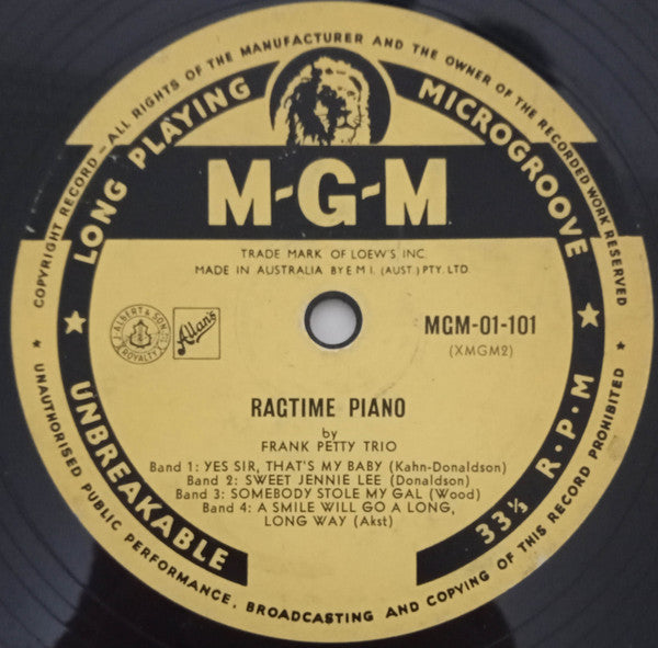 Frank Petty Trio : Ragtime Piano (10", Album)