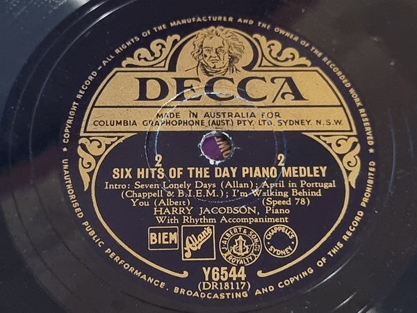 Harry Jacobson : Six Hits Of The Day Piano Medley (Shellac, 10")