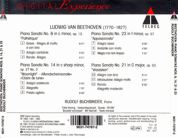 Ludwig van Beethoven, Rudolf Buchbinder : Piano Sonatas (Mondschein =  Moonlight =  Clair De Lune ·  Appassionata · Pathétique ·  Waldstein) (CD)