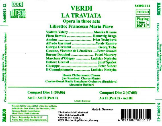 Verdi*, Krause* • Ramiro* • Tichy*, Slovak Philharmonic Chorus, Czecho-Slovak Radio Symphony Orchestra (Bratislava)*, Alexander Rahbari : La Traviata (2xCD, Album)