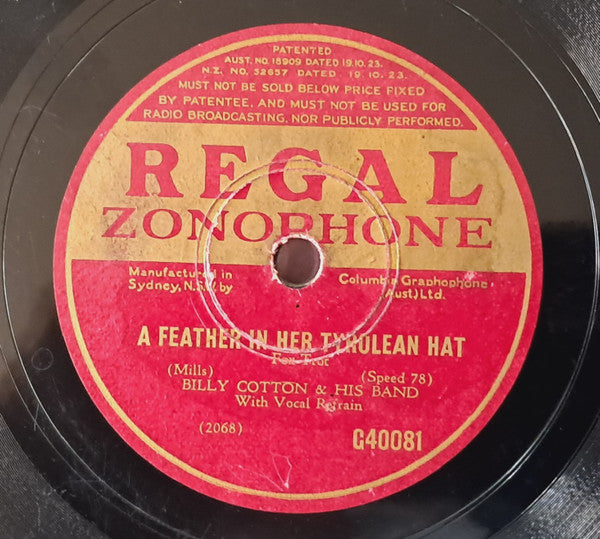 Billy Cotton And His Band, Billy Cotton : On My Little Toboggan / A Feather In Her Tyrolean Hat (Shellac, 10")