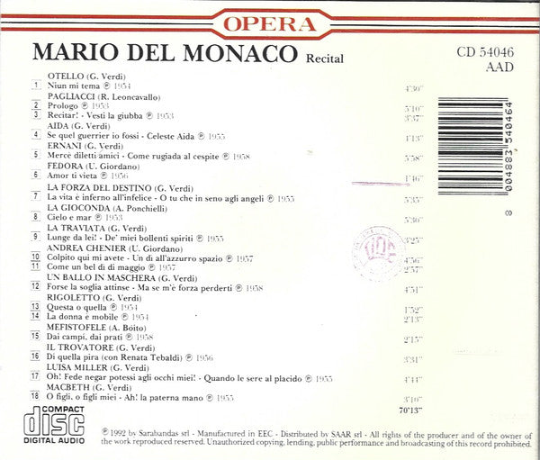 Mario del Monaco : Recital (CD)