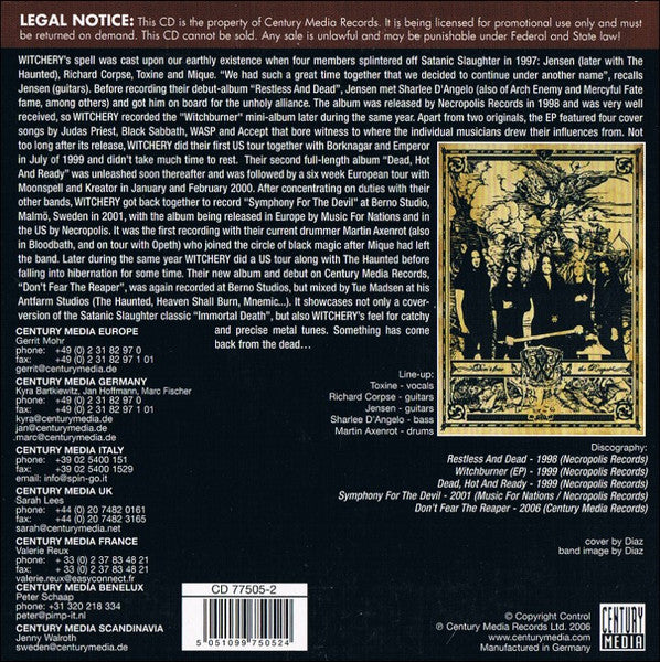 Witchery : Don't Fear The Reaper (CD, Album, Promo)