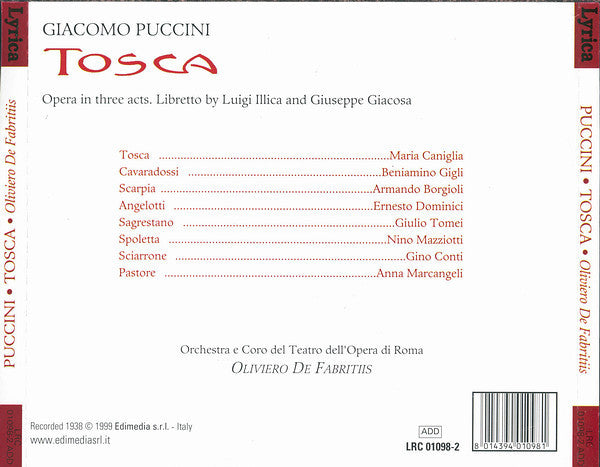 Giacomo Puccini, Orchestra* E Coro Del Teatro Dell'Opera Di Roma, Oliviero De Fabritiis : Tosca (2xCD, Album, RM)