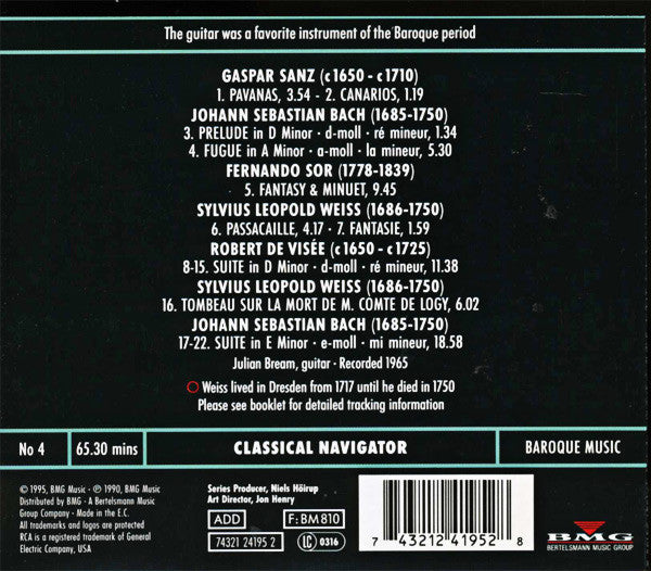 Julian Bream - Johann Sebastian Bach, Gaspar Sanz, Fernando Sor, Robert De Visée, Sylvius Leopold Weiss : Baroque Guitar Recital (CD, Album, RM)
