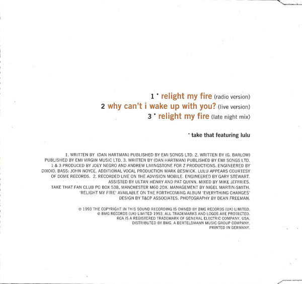Take That Featuring Lulu : Relight My Fire (CD, Single)