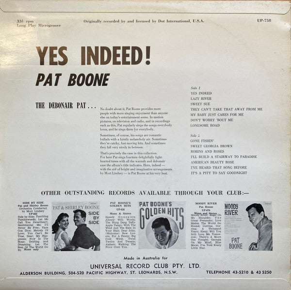 Pat Boone : Yes Indeed! (LP, Club, RE)