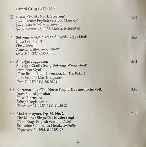 Edvard Grieg - Jussi Björling, Kirsten Flagstad, Lauritz Melchior : Historic Vocal Recordings (CD, Comp, Mono, RM)