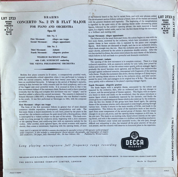 Wilhelm Backhaus With The Vienna Philharmonic Orchestra* Conducted By Carl Schuricht - Brahms* : Concerto No. 2 In B Flat Major For Piano And Orchestra - Opus 83 (LP, Mono)