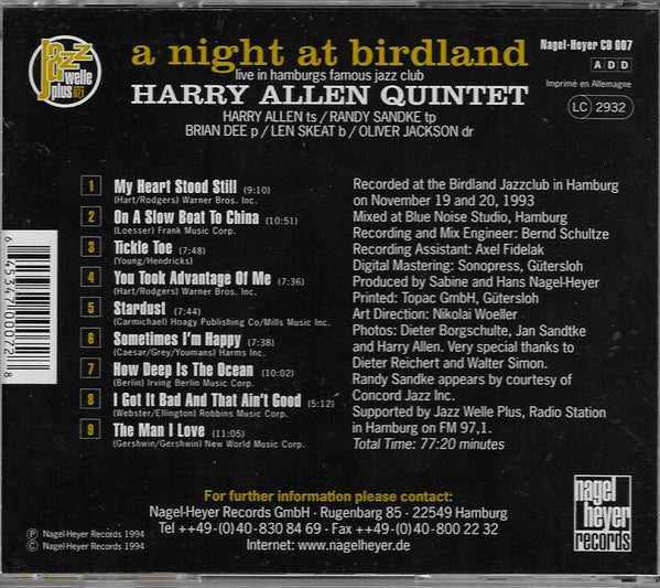 Harry Allen Quintet : A Night At Birdland Volume 1 (CD, Album, RP)