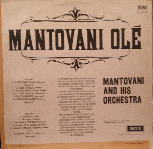 Mantovani And His Orchestra : Mantovani Olé (LP, Album, Mono)