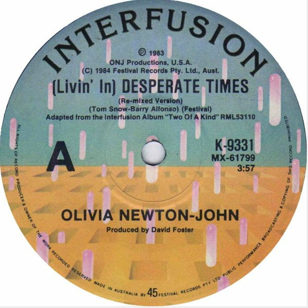 Olivia Newton-John : (Livin' In) Desperate Times (Re-mixed Version) (7", Single)