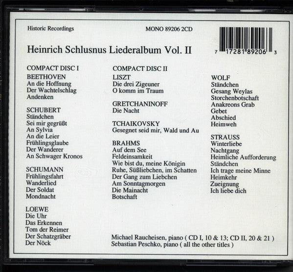 Heinrich Schlusnus : Liederalbum Vol. II (2xCD, Mono)