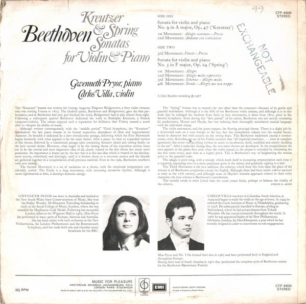 Ludwig van Beethoven - Gwenneth Pryor, Carlos Villa (2) : Kreutzer & Spring Sonatas For Violin & Piano (LP, RE)